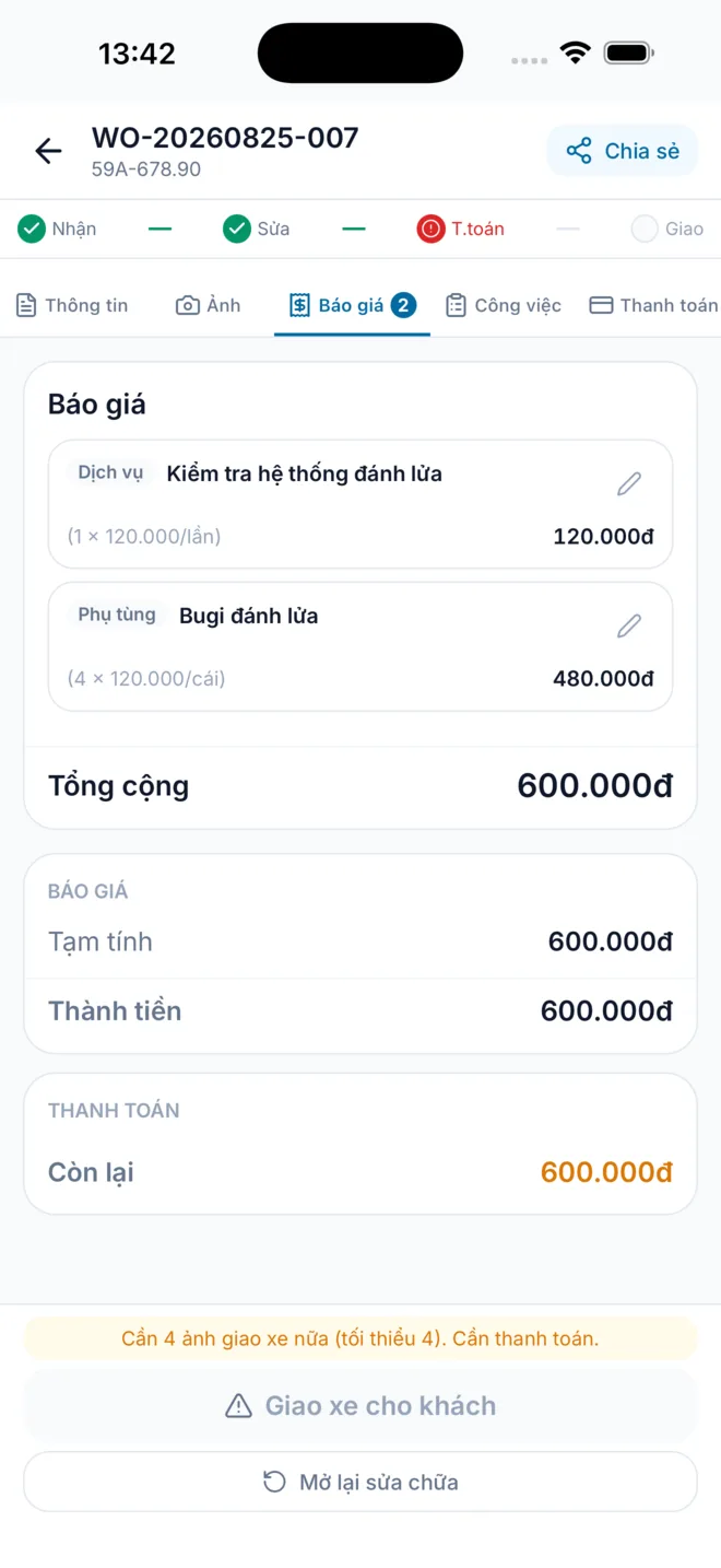 Báo giá từng hạng mục dịch vụ và phụ tùng